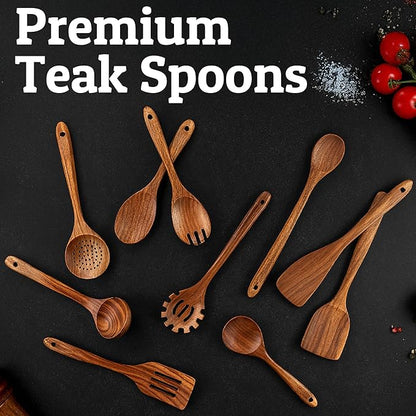 PriorityChef Handcrafted Teak Wooden Spoon for Cooking - Large Wood Spoon Kitchen Utensil - Heavy Duty Wood Serving Spoons - 10 Inch Wooden Mixing Utensil for Stirring, Baking & Cooking