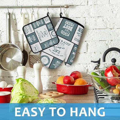 Vintage Farmhouse Food Pattern Oven Mitts and Pot Holders Sets Heat Resistant 4Pcs Potholders Oven Gloves Hot Pads for Kitchen Baking Cooking Grilling BBQ