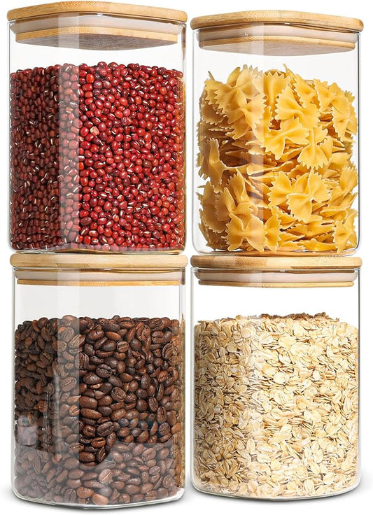 ComSaf Glass Storage Containers with Lids, 1.2 Qt Glass Jars with Lids, Clear Food Storage Jar, Canister For Pantry Cookie Flour Cereal Rice Sugar Tea Coffee Beans Spice, Square Set of 4 by ComSaf