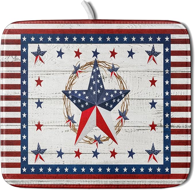 Giwawa Patriotic Stars Dish Drying Mat 4th of July America Star Wreath Dish Drainer Mats for Kitchen Countertop 16"x18" Rustic Independence Day Reversible Dish Drying Pad Small Decor