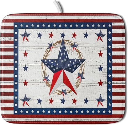 Giwawa Patriotic Stars Dish Drying Mat 4th of July America Star Wreath Dish Drainer Mats for Kitchen Countertop 16"x18" Rustic Independence Day Reversible Dish Drying Pad Small Decor