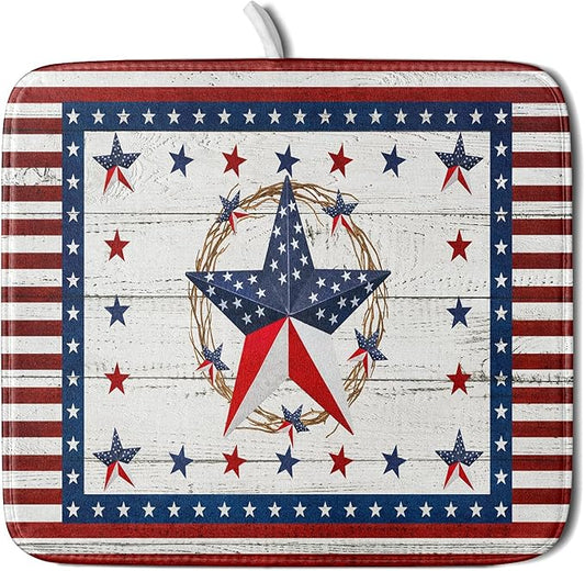 Giwawa Patriotic Stars Dish Drying Mat 4th of July America Star Wreath Dish Drainer Mats for Kitchen Countertop 16"x18" Rustic Independence Day Reversible Dish Drying Pad Small Decor