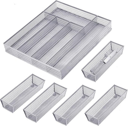 Neudeco Drawer Organizer Set 6 Pack - 5-Compartment Silverware Organizer Tray + 5 Utensil Trays, Kitchen Drawer Organizer for Flatware, Cutlery, Office Supplies, Silver Mesh, Non-Slip