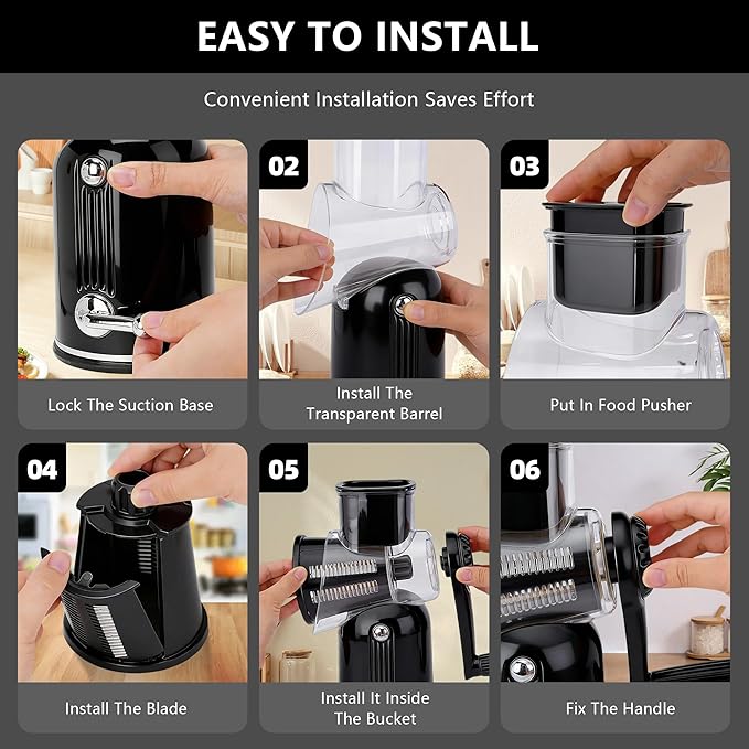 5-in-1 Rotary Cheese Grater Vegetable Slicer with Handle - Upgraded Hand Crank Cheese Grater with Handle and Strong Suction Base, Multi-Purpose Slicer with 5 Blades (Black) - Image 8