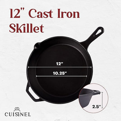 Cuisinel Cast Iron Skillet with Lid - 12"-Inch Frying Pan + Glass Cover + Silicone Handle Holder - PFAS and PFOA-free Pre-Seasoned Oven Safe Cookware - Indoor/Outdoor Use - Grill, BBQ, Fire, Stovetop
