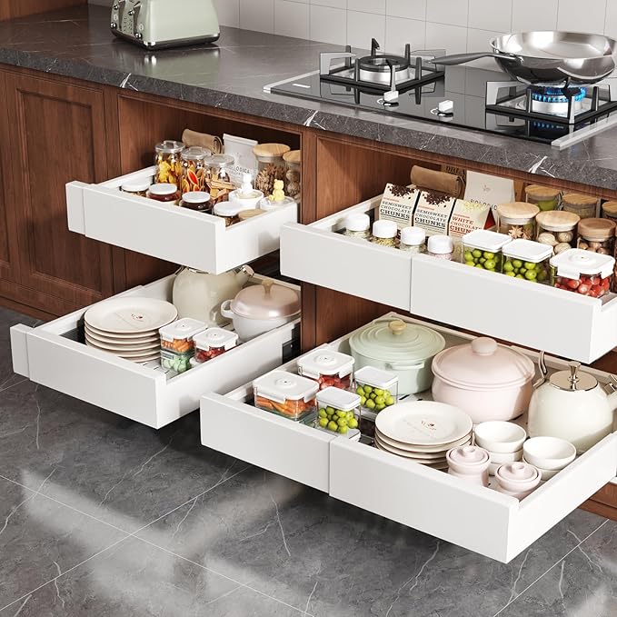 Seinloes 2 Pack Pull Out Cabinet Organizer Expandable Width(13"-21") and Depth(13"-17"),Slide Out Drawers With Raising Pad for Framed Cabinets,No Drill Roll Out Shelves for kitchen,Bathroom,White - Image 5