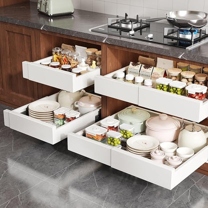 Seinloes 2 Pack Pull Out Cabinet Organizer Expandable Width(13"-21") and Depth(13"-17"),Slide Out Drawers With Raising Pad for Framed Cabinets,No Drill Roll Out Shelves for kitchen,Bathroom,White - Image 5