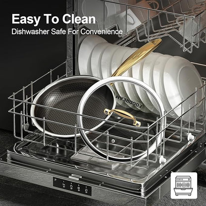 FogDream 8,10,12" Stainless Steel Frying Pan with Lid, Honeycomb Hybrid Nonstick Skillet for Induction & All Cooktops, PFAS/PFOA/PTFE Free, Oven Safe to 500°F, Stay-Cool Handle, Dishwasher Safe, Gold - Image 7