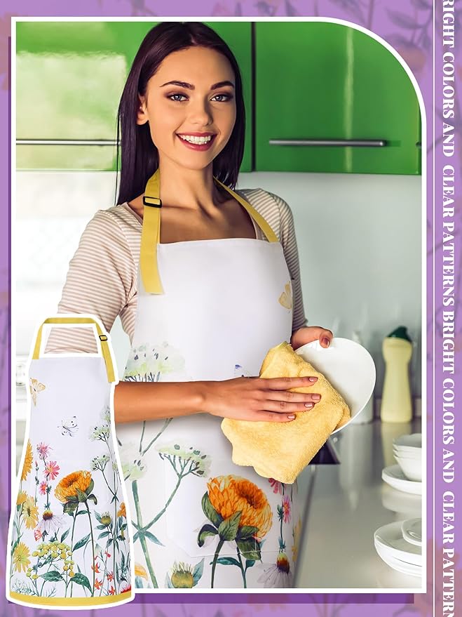 Bencailor 6 Pcs Spring Kitchen Aprons with Pockets Flower Rooster Bee Butterfly Sunflower Summer Aprons Bulk for Women(Multicolored,Spring Floral) - Image 6