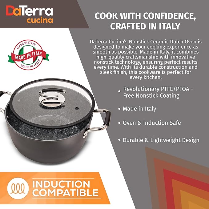 DaTerra Cucina – 8 Qt Nonstick Ceramic Dutch Oven with Lid – Large Oven Safe Stock Pot, Induction Compatible, Lightweight, Lead & PFOA Free, Volcanic Black, Durable Nonstick Cookware – Made in Italy - Image 8