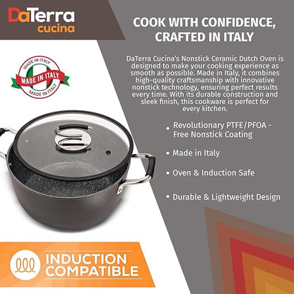 DaTerra Cucina – 8 Qt Nonstick Ceramic Dutch Oven with Lid – Large Oven Safe Stock Pot, Induction Compatible, Lightweight, Lead & PFOA Free, Volcanic Black, Durable Nonstick Cookware – Made in Italy - Image 8