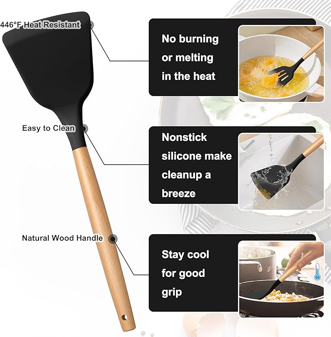 E-far Silicone Cooking Utensils Set, 10-Piece Black Kitchen Utensils Set with Wooden Handle for Nonstick Cookware, Heat Resistant Kitchen Nonstick Tools Spatula Whisk Tongs Ladle, Non-toxic & Healthy - Image 3