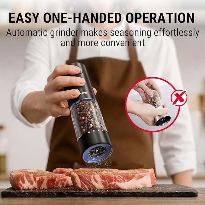 TempPro Electric Salt and Pepper Grinder Set Rechargeable, 110ml Automatic Pepper Grinder Shakers with External Adjustment, Refillable Pepper Mill Set for House Warming Gifts(Previously ThermoPro) - Image 2