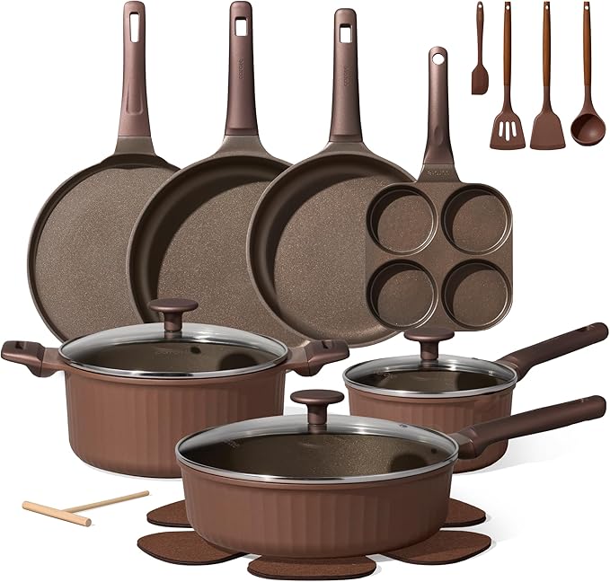 CAROTE Pots and Pans Set Non Stick, Cookware Sets Nonstick 21 pcs Kitchen Pot & Pan, Induction cookwasre Compatible with Crepe Frying Pan PFOA/PFOSFree by CAROTE