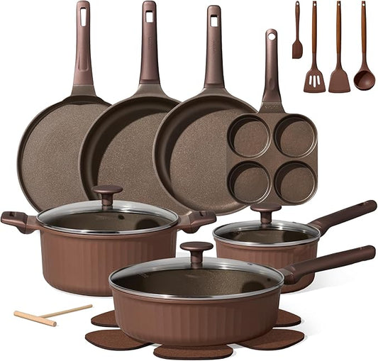 CAROTE Pots and Pans Set Non Stick, Cookware Sets Nonstick 21 pcs Kitchen Pot & Pan, Induction cookwasre Compatible with Crepe Frying Pan PFOA/PFOSFree by CAROTE