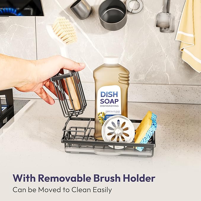 SWTYMIKI Sink Caddy Sponge Holder - Kitchen Sink Organizer with High Brush Holder for Countertop to Hold Dish Soaps and Sponges, Stainless Steel, Black - Image 4