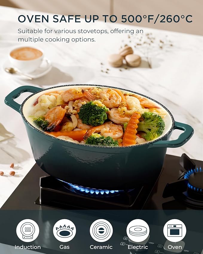 Enameled Cast Iron Dutch Oven - 9.3QT Dutch Oven Pot with Lid & Cotton Potholders - Heavy-Duty Non Stick Casserole Pot for Braising, Stews, Roasting, Baking, Suitable for All Stovetops, Bottle Green - Image 6