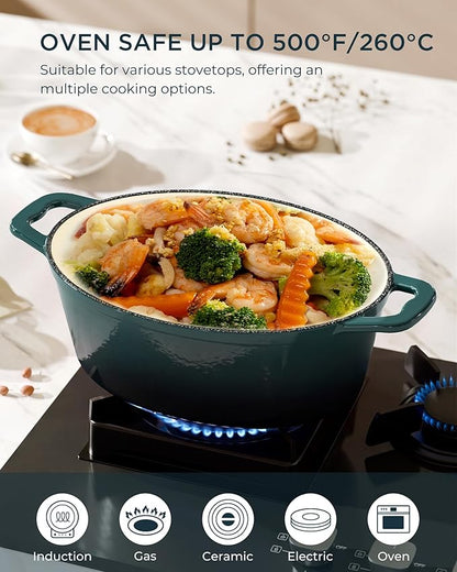 Enameled Cast Iron Dutch Oven - 9.3QT Dutch Oven Pot with Lid & Cotton Potholders - Heavy-Duty Non Stick Casserole Pot for Braising, Stews, Roasting, Baking, Suitable for All Stovetops, Bottle Green - Image 6