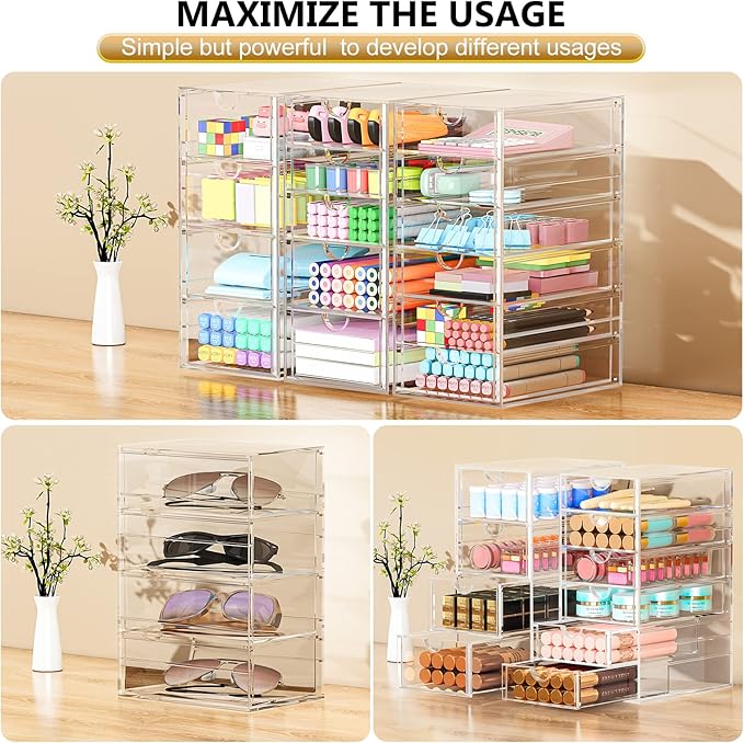 Acrylic 3 Pack Desk Organizers and Accessories, Makeup Organizer Storage With 15 Drawers, Desk Organizers, Dustproof Drawer Organizer and Storage for Make Up, Jewelry, DIY Pen - Image 4