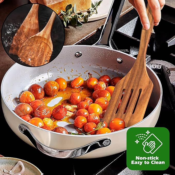 Natural Teak Kitchen Cooking Utensil Set with Holder, Wooden Spoons for Cooking, 10PCS Cooking Spatulas Set with Spoon Rest, Wooden Utensil Set for Nonstick Cookware Sturdy & Lightweight - Image 7