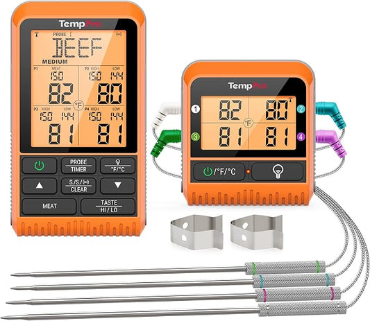 TempPro TP829 1000ft Wireless Meat Thermometer Digital for Grilling and Smoking, 4 Meat Probes Grill Thermometer for Outside Grill, BBQ Thermometer for Cooking Food Temperature (Previously ThermoPro) by TempPro