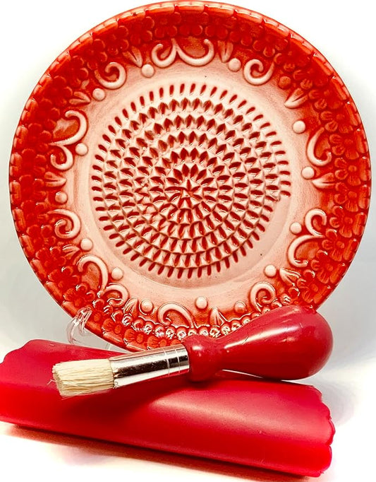 BonCera, All-in-one Premium Ceramic Garlic Grater Plate 4-Piece Set - Red Embossed Design and Style - For Garlic, Ginger, Chocolate, and more! - Comes with 5.25" Plate, Peeler, Brush, and Stand