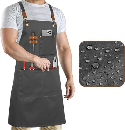 RUVANTI Work Aprons for Men, Oil & Water Repellent, PolyCotton Cross Back Aprons for Women with Pockets, Adjustable up to XXL, Chef Aprons for Cooking, Grilling, Welding, Woodworking - Grey Aprons