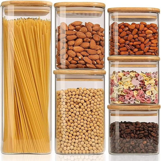 ComSaf Food Storage Containers with Airtight Lids Set of 6, Clear Glass Canister Food Jar with Sealing Lid Kitchen Pantry Storage Container for Spaghetti Pasta Sugar Flour Oat Cereal Beans, Square by ComSaf