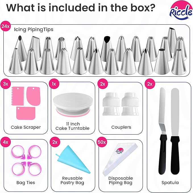 Riccle 88 pcs Cake Decorating Kit with Pink Cake Turntable - Includes 50 Disposable + 2 Reusable Piping Bags and Tips Set, 24 Icing Piping Tips, 2 Spatulas, 3 Icing Comb Scraper, Baking Supplies - Image 3