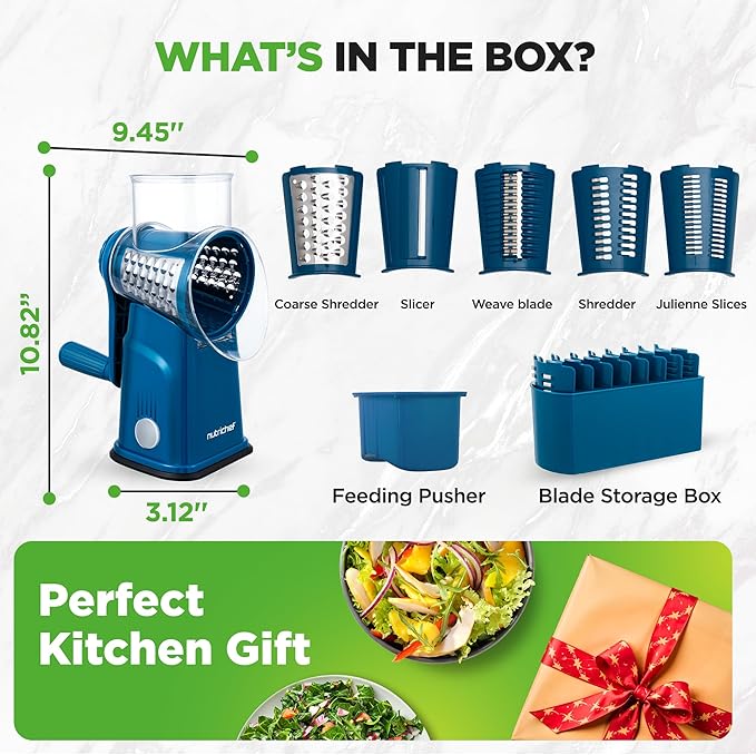 NutriChef 5 in 1 Cheese Grater & Shredder | 5 Different Blades for Thin, Thick, Julienne Strips, Wavy, & Straight Strips | Includes Hand Crank, Strong Suction Base & Storage Container | Blue - Image 8