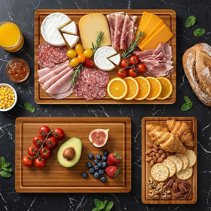 3 Pack Bamboo Cutting Board Set with Non Slip Feet Solid Wood Cutting Boards for Kitchen Non Toxic Wooden Chopping Boards Small Plastic Free Butcher Block Hardwood Serving Cheese Charcuterie Board