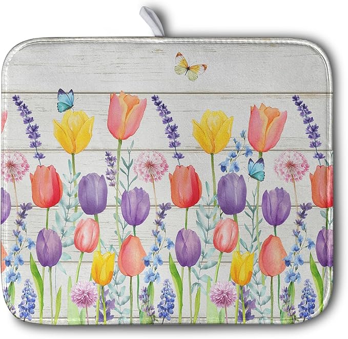 Tulip Floral Dish Drying Mat for Kitchen Counter Watercolor Spring Flower Dish Mat Absorbent Microfiber Dish Draining Mat Reversible Heat Resistant Dishes Pad Large 16 x 18 Inch by Kwlegh