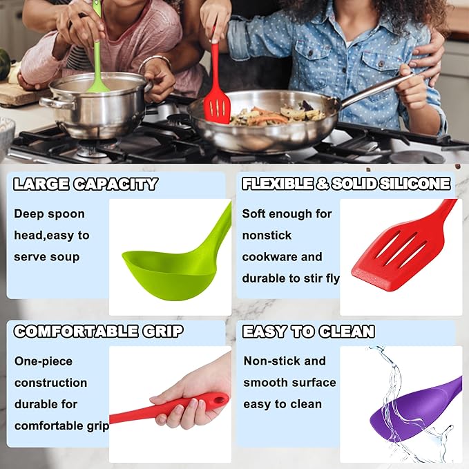 E-far 10 Pcs Silicone Cooking Utensils Set, Heat Resistant Kitchen Utensil Set for Nonstick Cookware, Kitchen Cooking Tools with Spatula, Spoon, Slotted Turner, Non-Toxic & Dishwasher Safe (Colorful) - Image 4