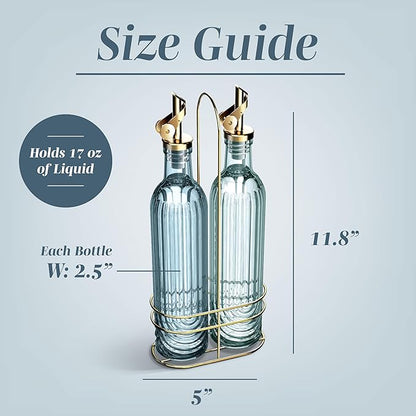 COOK WITH COLOR Glass Olive Oil Bottle Dispenser - 2 Pack- 17oz Oil and Vinegar Cruet - Olive Oil Carafe Decanter for Kitchen, Elegant Fluted, Blue - Image 5
