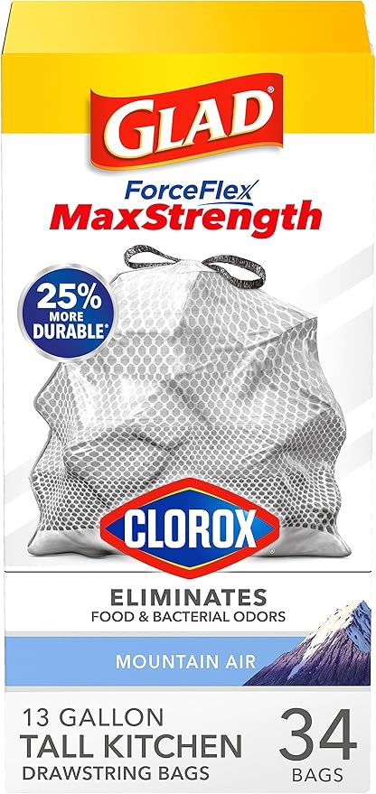 Glad ForceFlex MaxStrength with Clorox Tall Kitchen Trash Bags, 13 Gal, 34 Ct (Package May Vary) by GladTrashFoodStorage
