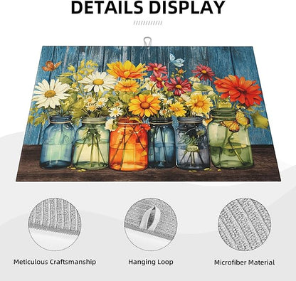 Daisy Dish Drying Mat for Kitchen Counter, Microfiber Floral Dish Mats for Drying Dishes, Absorbent Large Dish Drying Pad Kitchen Decor Mat 18 x 24 Inch