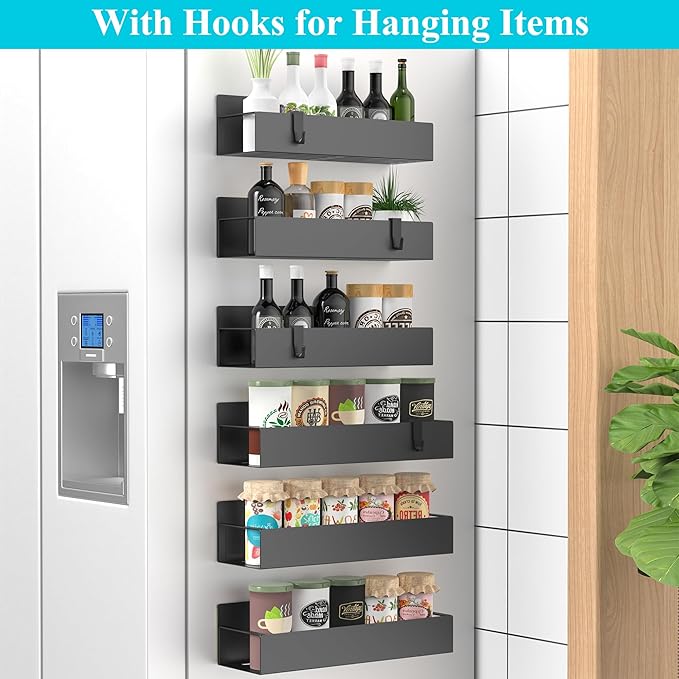 HuggieGems 6 Pack Magnetic Spice Storage Rack Organizer for Refrigerator and Oven, Matt Black Fridge Organizers and Storage - Image 2