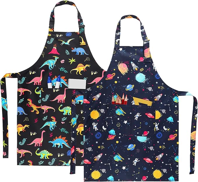 2 Pack Kids Apron, Cute Cooking Aprons, Waterproof Art Apron with Pockets, Toddler Painting Artist Apron Adjustable