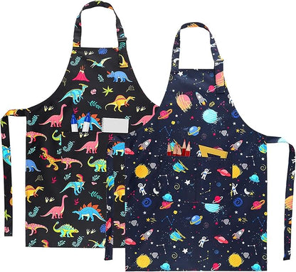2 Pack Kids Apron, Cute Cooking Aprons, Waterproof Art Apron with Pockets, Toddler Painting Artist Apron Adjustable