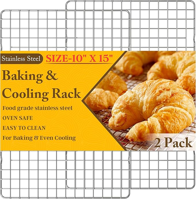2PCS Cooling Racks for Cooking and Baking - 10" x 15"Heavy Duty Stainless Steel Wire Rack for Baking, Grilling, Roasting - Oven & Dishwasher Safe - Fits Jelly Roll Sheet Pan-Silver by QukakaHomeCare