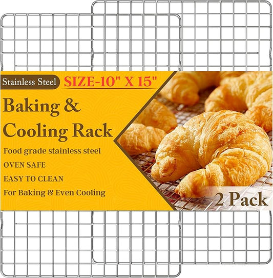 2PCS Cooling Racks for Cooking and Baking - 10" x 15"Heavy Duty Stainless Steel Wire Rack for Baking, Grilling, Roasting - Oven & Dishwasher Safe - Fits Jelly Roll Sheet Pan-Silver by QukakaHomeCare