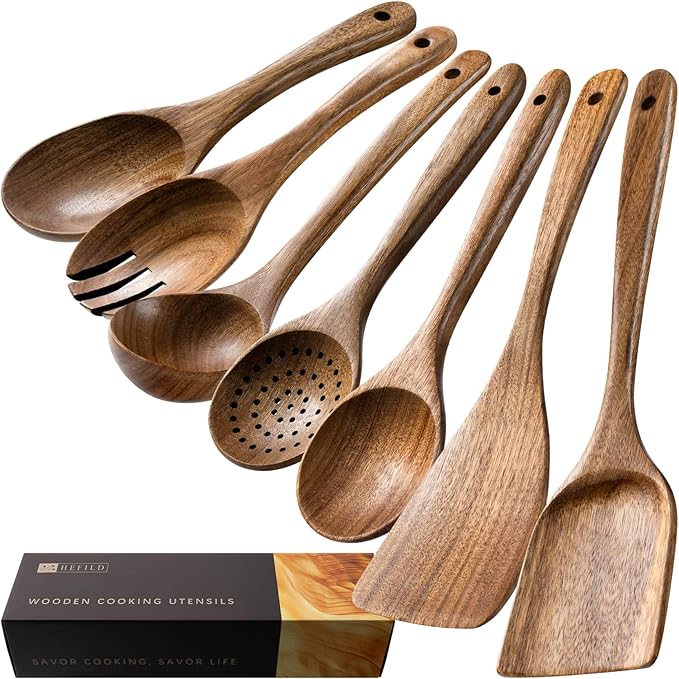 Wooden Spoons for Cooking, Nonstick Cooking Utensil Set with 7 Piece Acacia Wooden Spatulas and Spoons for Cooking, Terrific for Everyday Kitchen Tasks by HEFILD