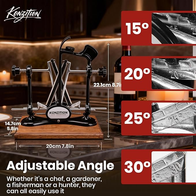 Premium Knife Sharpener with Wooden Base Ideal for Home Kitchens. V-Shape Knife Sharpener Ideal Gift for Father, Husband, Cooks & Anglers. Adjustable Angles, And a Full Metal Frame.