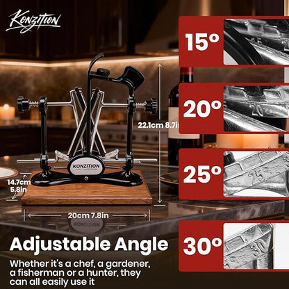 Premium Knife Sharpener with Wooden Base Ideal for Home Kitchens. V-Shape Knife Sharpener Ideal Gift for Father, Husband, Cooks & Anglers. Adjustable Angles, And a Full Metal Frame.