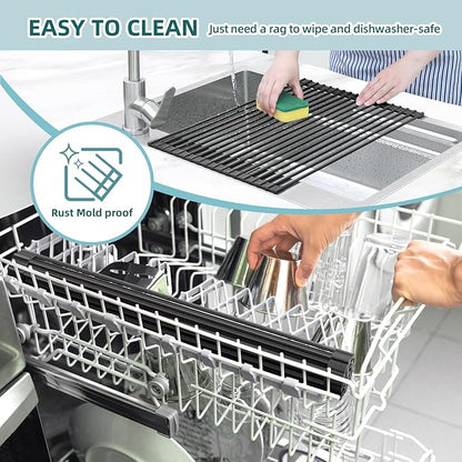 Ohuhu Over The Sink Dish Drying Rack, 20.5" W x 13.1" L Rolling Dish Drainer Foldable Sink Accessories Heat-Resistant Mat Anti-Slip Silicone Coated Dish Racks for Kitchen Counter - Image 8
