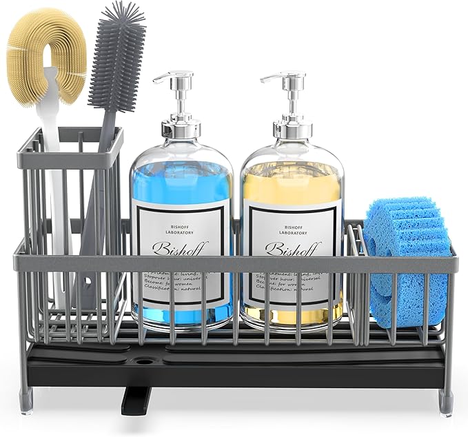 Moforoco Extra Large Sponge Holder for Kitchen Sink Organizer Caddy, Dish Brush Scrubber Holder,Stainless Steel Sink Box Utensil Holder,Soap Dispenser Set Tray Counter Accessories(Grey) - Image 7