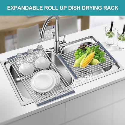 BBXTYLY Extra Large Expandable Roll Up Dish Drying Rack,Over The Sink Drying Rack Sink Cover Kitchen Sink Accessories Kitchen Rolling up Stainless Steel Drainer, Foldable,Rollable（Gray，25.1''-12.4''） - Image 3