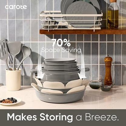 CAROTE 27pcs Ceramic Cookware Set Nonstick, Pots and Pans Set Non Stick, Non Toxic Cookware Detachable Handles, Dishwasher/Oven Safe, RV/Camping Cookware, Pan and Pot with Kitchen Utensils, Dark Gray - Image 4