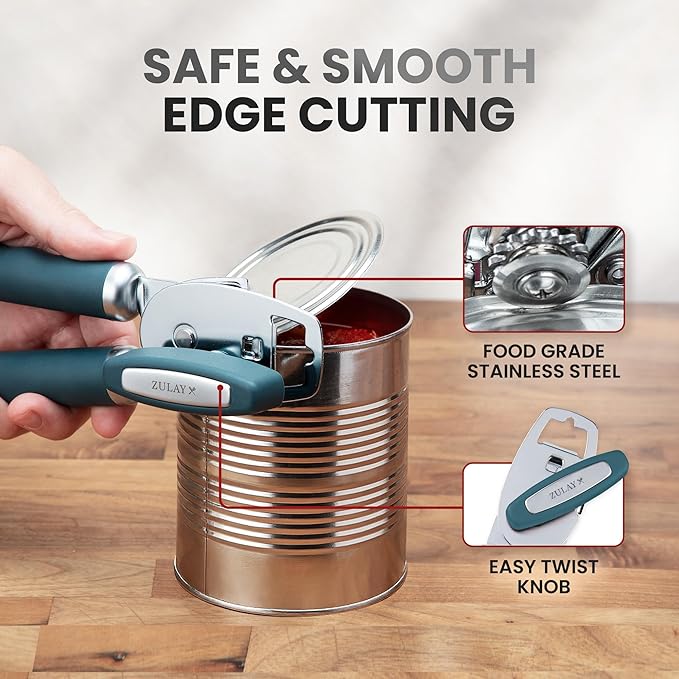 Zulay Kitchen Heavy Duty Stainless Steel Can Opener Manual with Bottle Opener - Rust Proof Manual Can Opener With Turn Knob & Comfy Soft Grip Handles - Green - Image 4