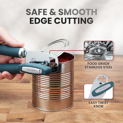 Zulay Kitchen Heavy Duty Stainless Steel Can Opener Manual with Bottle Opener - Rust Proof Manual Can Opener With Turn Knob & Comfy Soft Grip Handles - Green - Image 4
